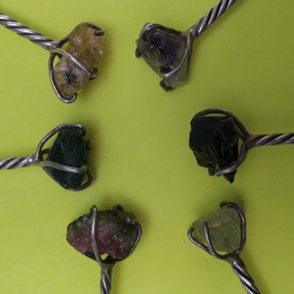 6PC STERLING SILVER VINTAGE MARTINI STIRRERS WITH SEMI PRECIOUS STONES - Picture 3 of 4